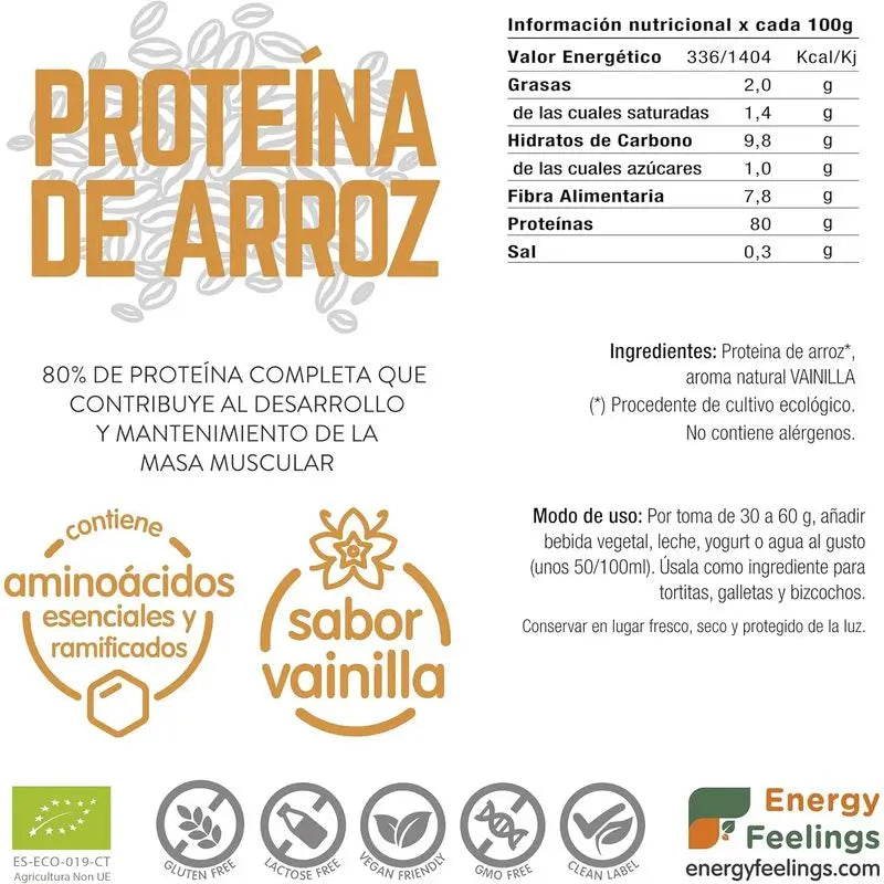 Energy Feelings Reisprotein Vanille 1Kg. Öko-Veganer Sg