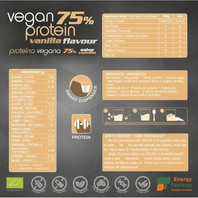 Energy Feelings Veganes Eiweiß 77% Vanille 1,5Kg. Öko-Veganer Sg