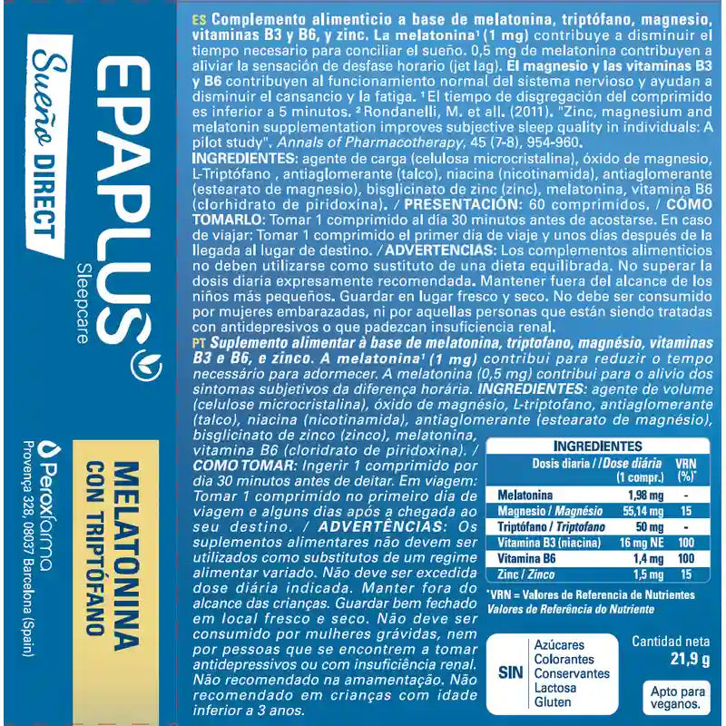 Epaplus Sleepcare Melatonin Direkt Mit Tryptophan Plus , 60 Tabletten