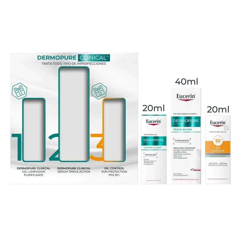 Eucerin Pack Fettige Haut Dermopure Serum, 40 ml + Mini-Reinigungsgel 20 ml + Mini-Sonnenschutz 20 ml