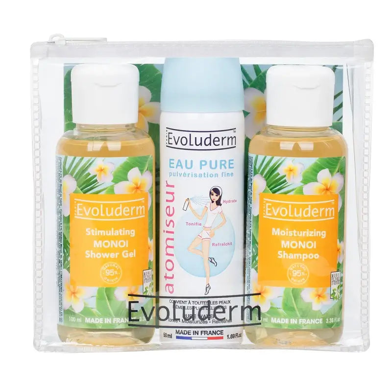 Evoluderm Reise-Set X3 - Duschgel-Reinwasser-Shampoo, 100/50/100 ml