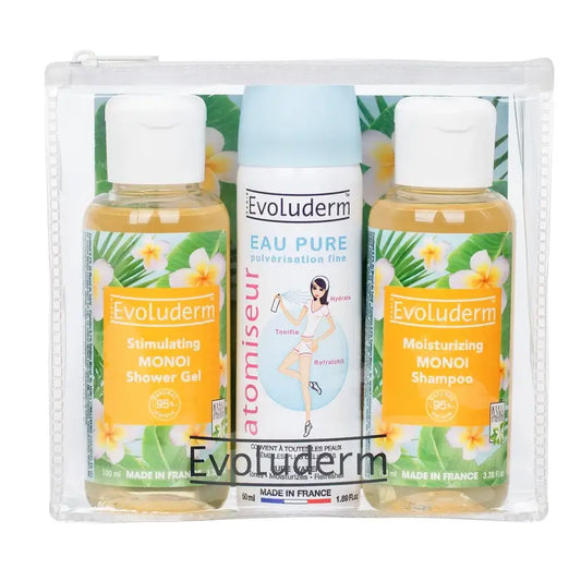Evoluderm Reise-Set X3 - Duschgel-Reinwasser-Shampoo, 100/50/100 ml