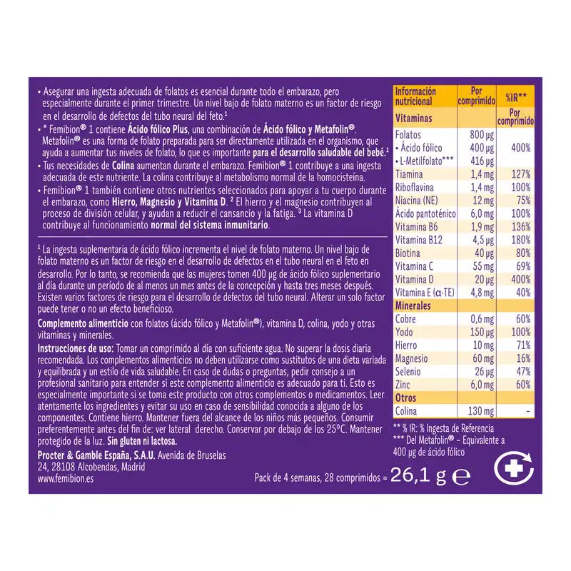 Femibion 1 Erstes Schwangerschaftsdrittel, Wochen 1-12, Folsäure Plus, 28 Tabletten