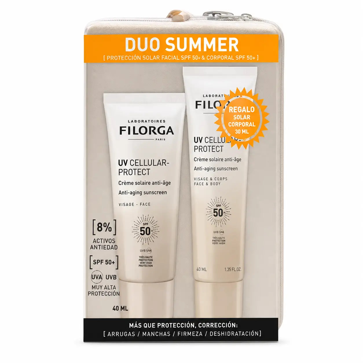 Filorga Pack: „Uv Cellular-Protect Face“ LSF 50+ und „Uv Cellular-Protect Face & Body“ 50 ml sowie eine Geschenktasche