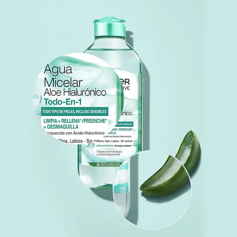 Garnier Aloe Hyaluronic Micellar Water All In 1 reinigt, entfernt Make-up und regeneriert Gesicht, Augen und Lippen - ohne Ausspülen