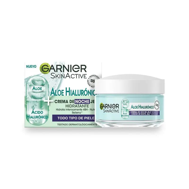 Garnier Aloe Hyaluronic Night Cream mit Hyaluronsäure + Aloe + Argan. Spendet 48 Stunden Feuchtigkeit, nährt und regeneriert