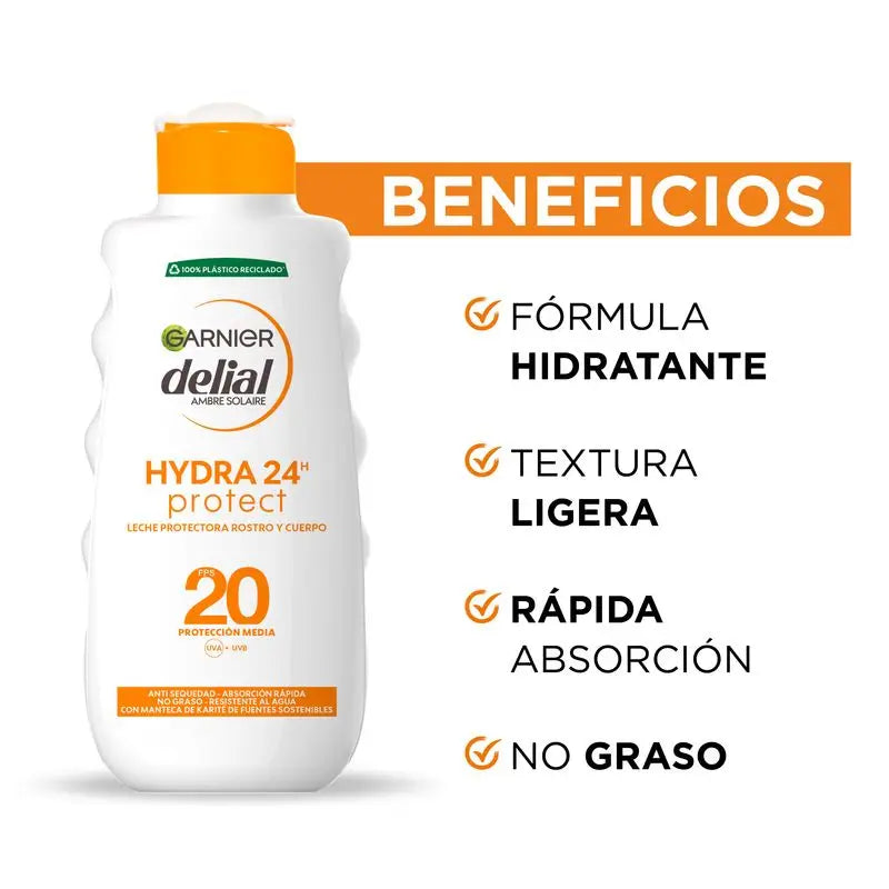 Garnier Delial Hydra 24H Protect Schutzmilch Gesicht & Körper Schutz Spf 20, weiche & mit Feuchtigkeit versorgte Haut 200Ml