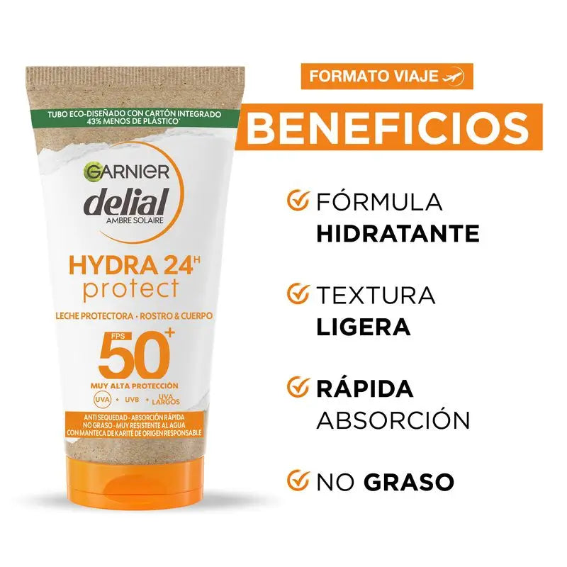 Garnier Delial Delial Schutzmilch Spf 50+ Hydra 24 Protect, wasserabweisende & feuchtigkeitsspendende Formel mit Shea Butter