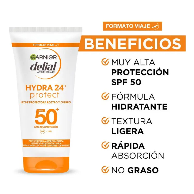 Garnier Delial Delial Schutzmilch Spf 50+ Hydra 24 Protect, wasserabweisende & feuchtigkeitsspendende Formel mit Shea Butter
