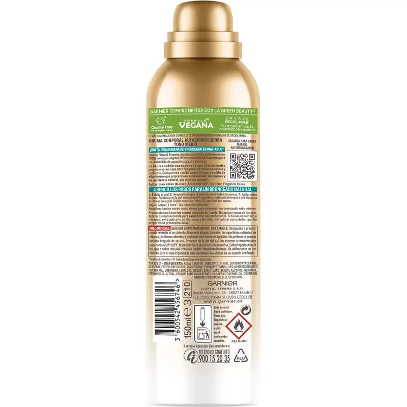 Garnier Delial Natural Bronzer Selbstbräunungs-Körpernebel mit Aprikosenkernöl für eine natürliche Bräune, 150Ml