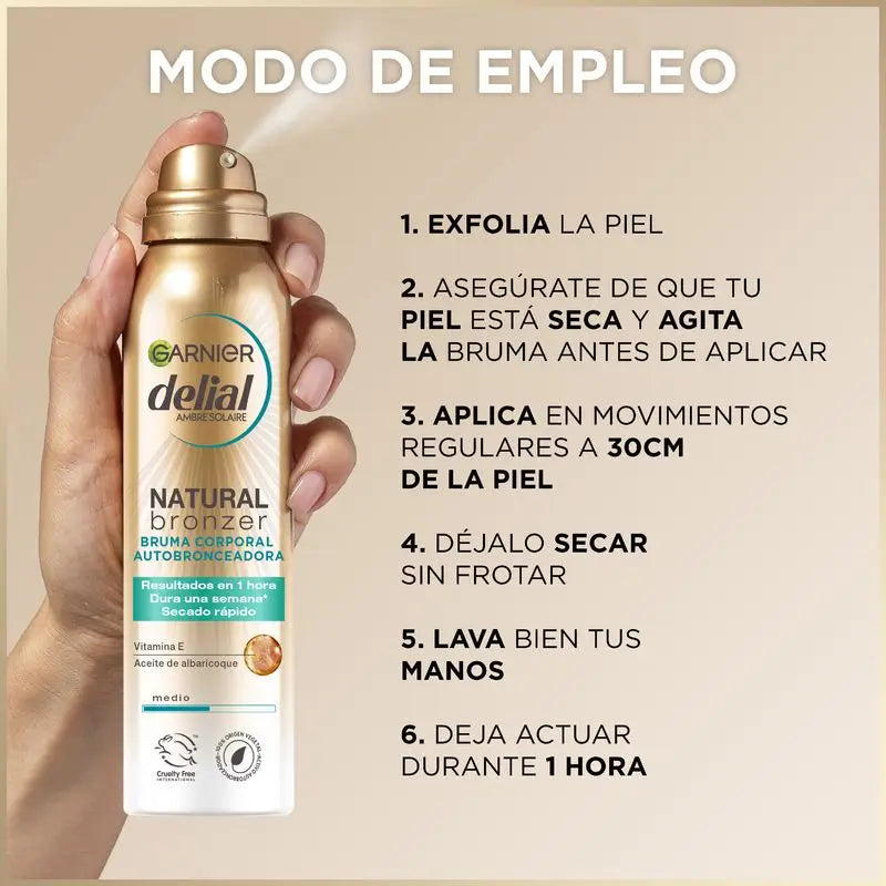 Garnier Delial Natural Bronzer Selbstbräunungs-Körpernebel mit Aprikosenkernöl für eine natürliche Bräune, 150Ml