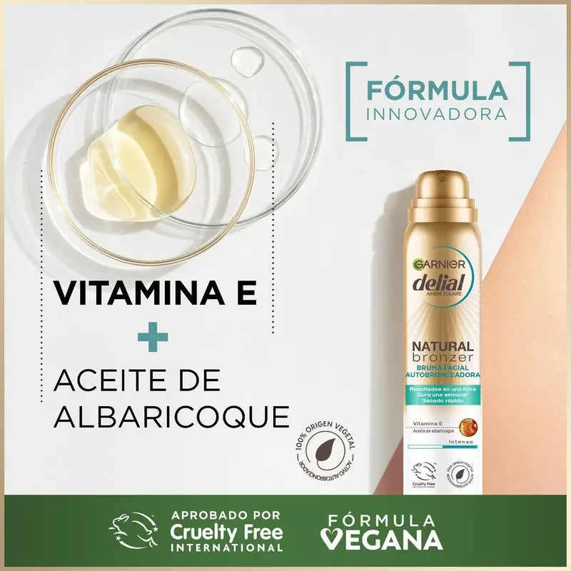 Garnier Delial Natural Bronzer Selbstbräunungs-Gesichtsnebel mit Aprikosenkernöl für eine natürliche und gleichmäßige Bräune, 75Ml