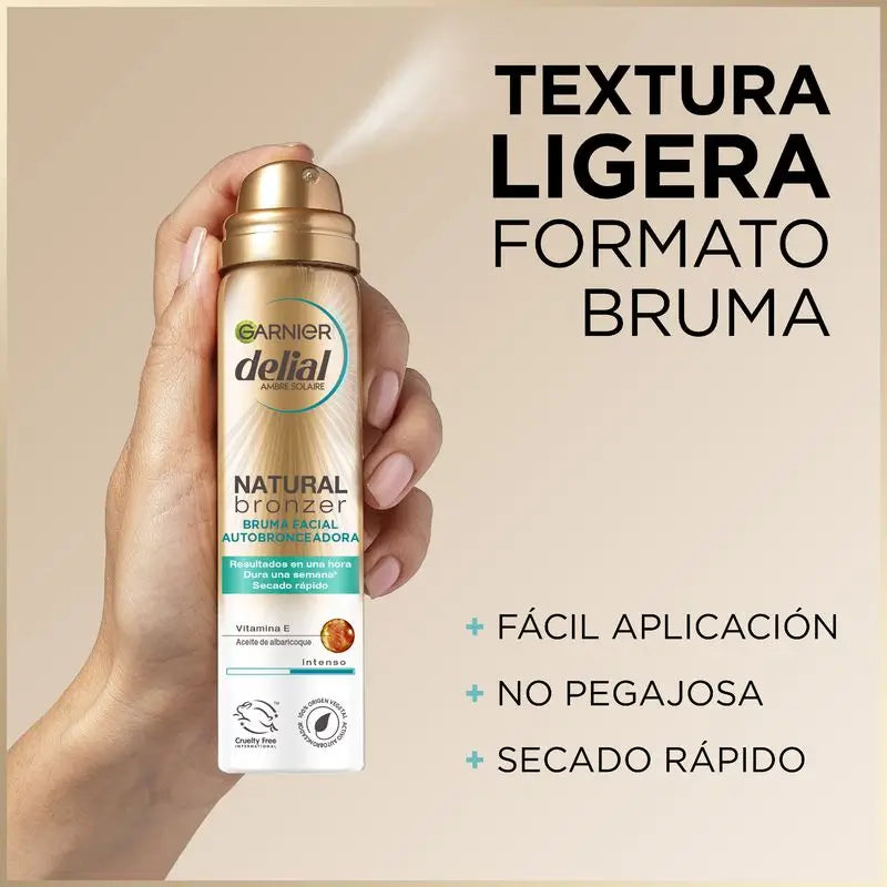 Garnier Delial Natural Bronzer Selbstbräunungs-Gesichtsnebel mit Aprikosenkernöl für eine natürliche und gleichmäßige Bräune, 75Ml