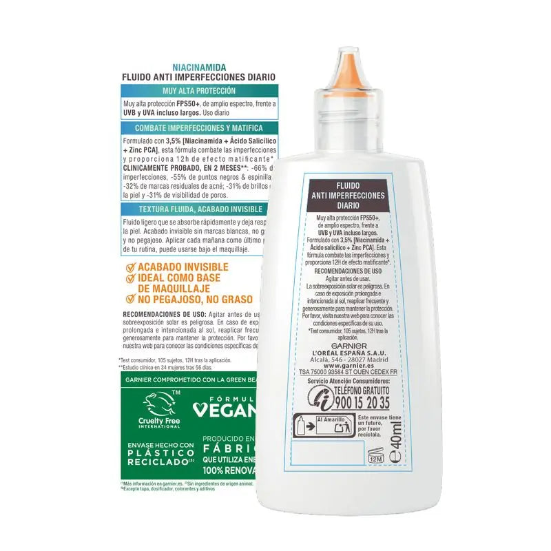 Garnier Delial Super Uv Niacinamide Fps50+ Anti-Unvollkommenheit tägliche flüssige Creme