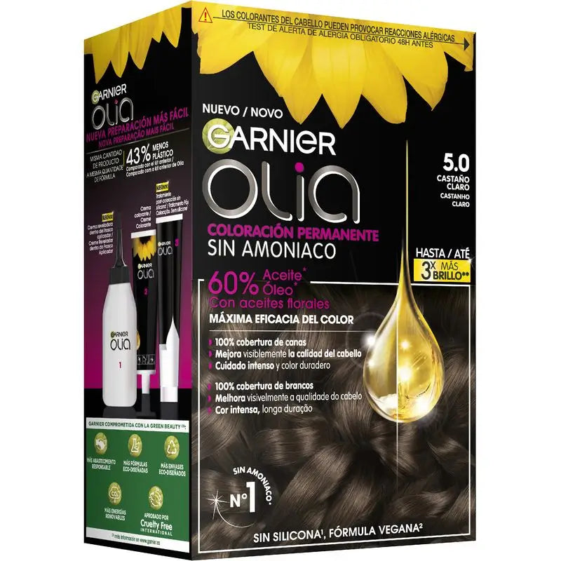 Garnier Olia Permanente Färbung Ammoniakfrei, angenehm duftend mit natürlichen Blumenölen - Hellbraun 5.0