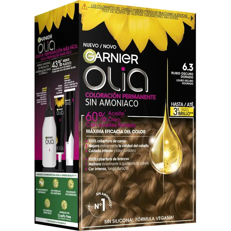 Garnier Olia Permanent Colouring Ammoniakfrei, angenehm duftend mit natürlichen Blumenölen - Golden Dark Blonde 6.3