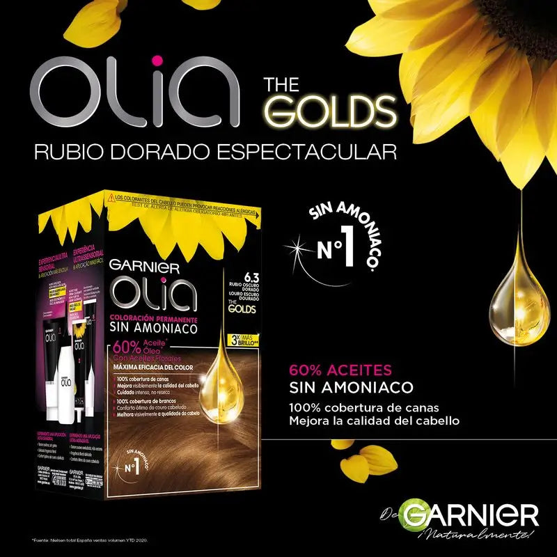 Garnier Olia Permanent Colouring Ammoniakfrei, angenehm duftend mit natürlichen Blumenölen - Golden Dark Blonde 6.3