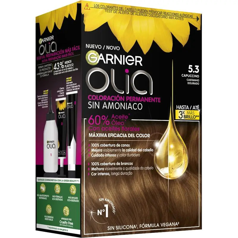 Garnier Olia permanente Färbung ohne Ammoniak für einen angenehmen Geruch mit natürlichen Blumenölen - Cappuccino 5.3