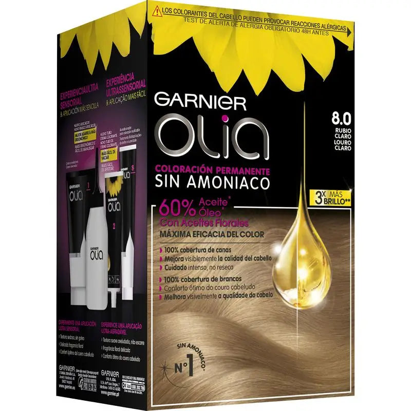 Garnier Olia Ammoniakfreie permanente Färbung für einen angenehmen Geruch mit natürlichen Blumenölen - Hellblond 8.0