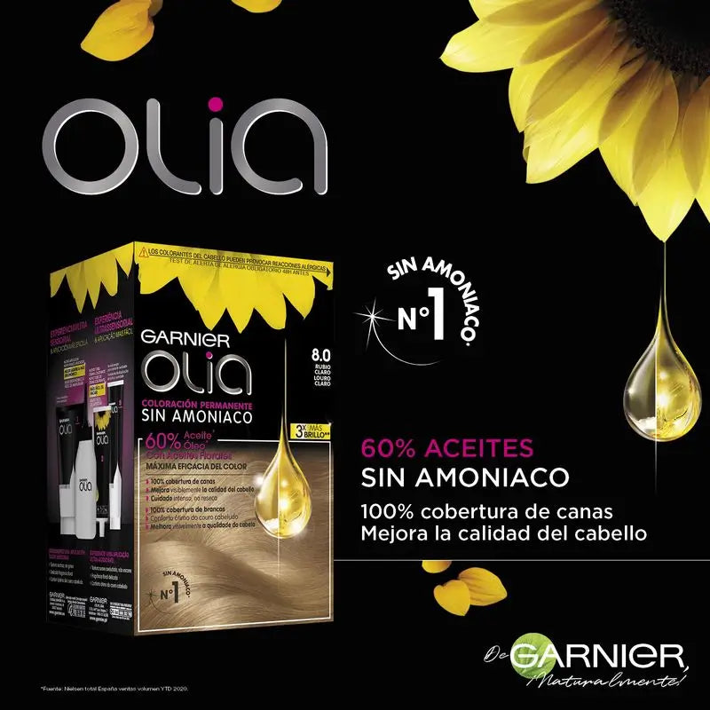 Garnier Olia Ammoniakfreie permanente Färbung für einen angenehmen Geruch mit natürlichen Blumenölen - Hellblond 8.0