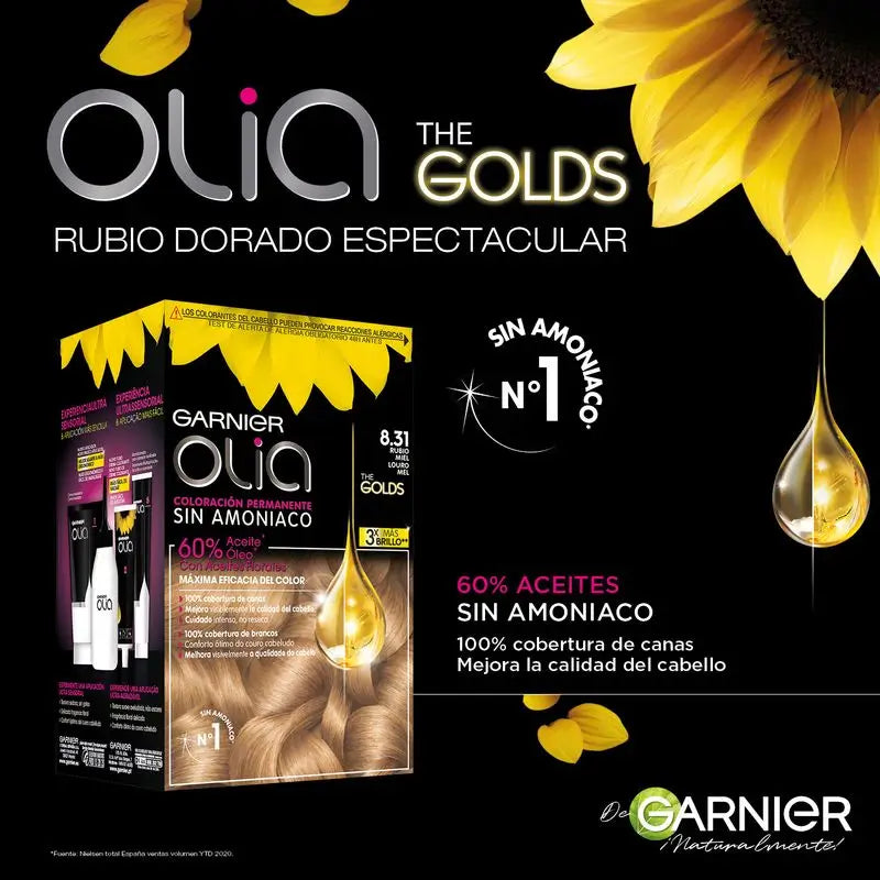 Garnier Olia Ammoniak-freie permanente Färbung für einen angenehmen Duft mit natürlichen Blumenölen - Honigblond 8.31