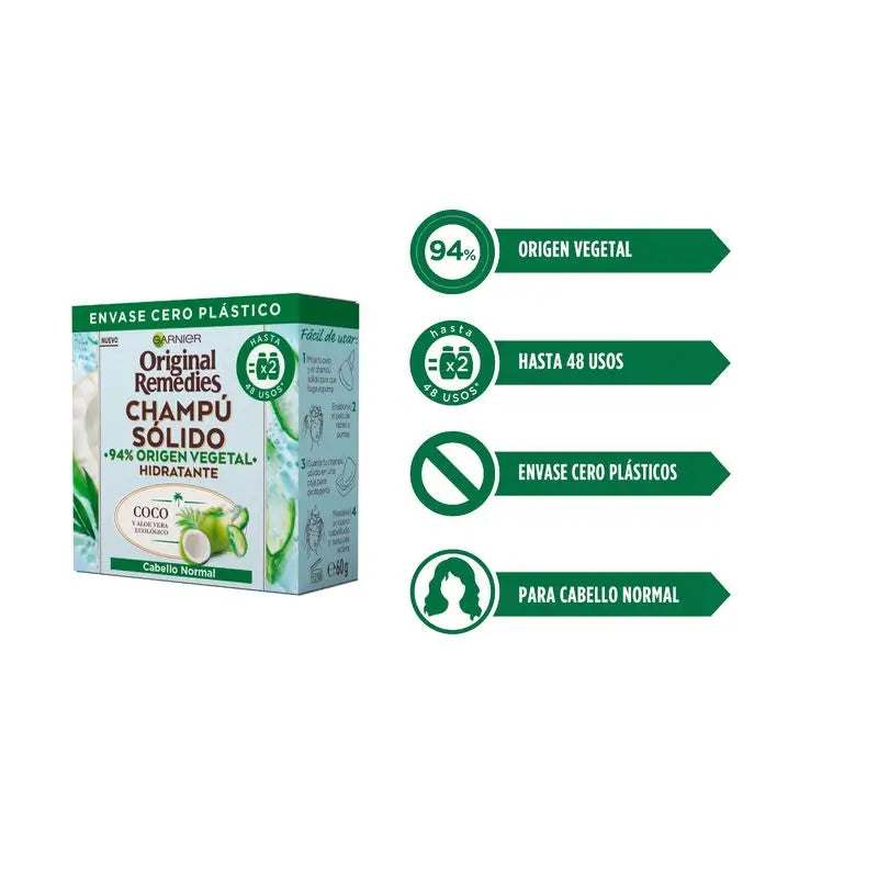 Garnier Original Remedies Solid Shampoo - Kokosnuss & Aloe Vera Bio für normales Haar, fettige Wurzeln
