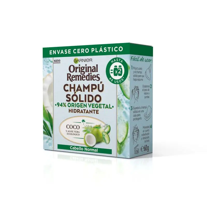 Garnier Original Remedies Solid Shampoo - Kokosnuss & Aloe Vera Bio für normales Haar, fettige Wurzeln