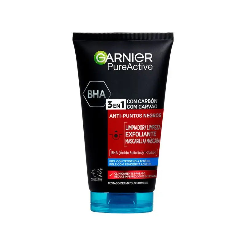Garnier Pure Active 3 In 1 Gel mit Holzkohle Anti-Blackheads - 150 Ml