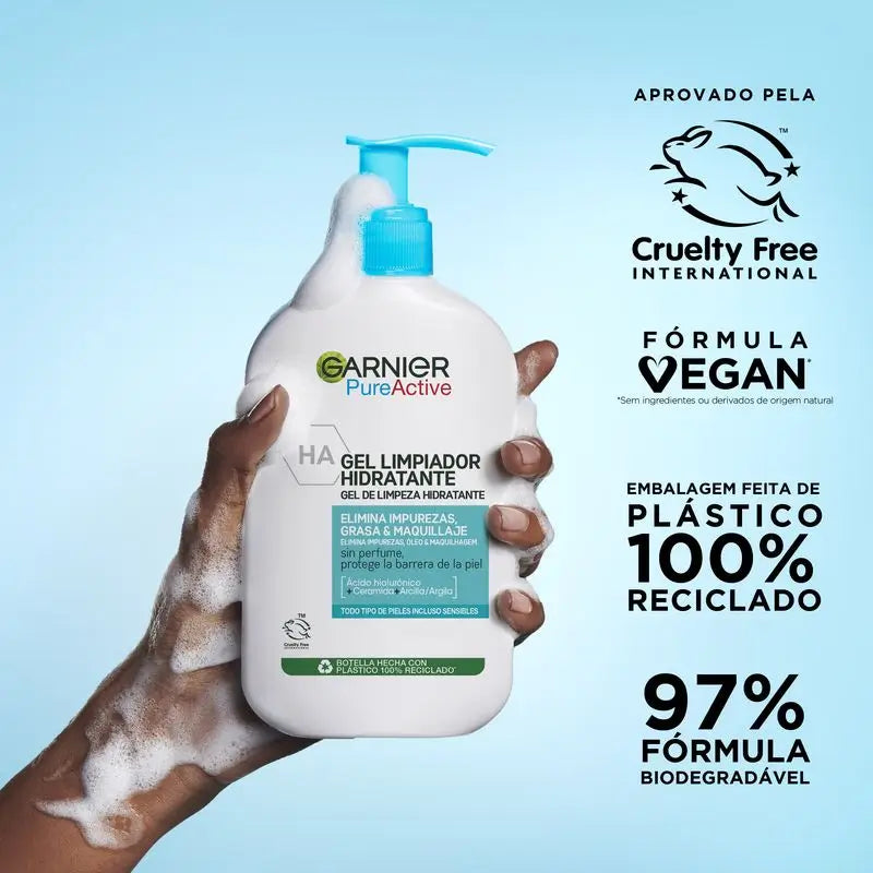 Garnier Pure Active Moisturising Cleansing Gel mit Hyaluronsäure, Ceramid und Tonerde Entfernt Unreinheiten, Fett und Make-up