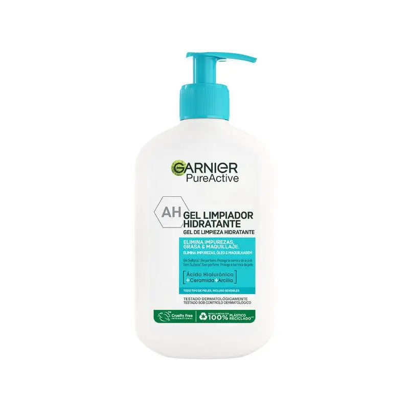 Garnier Pure Active Moisturising Cleansing Gel mit Hyaluronsäure, Ceramid und Tonerde Entfernt Unreinheiten, Fett und Make-up