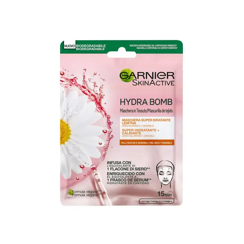 Garnier Skin Active Mask Tissu Hydra Bomb Beruhigende, feuchtigkeitsspendende Stoffmaske mit Hyaluronsäure und Kamille