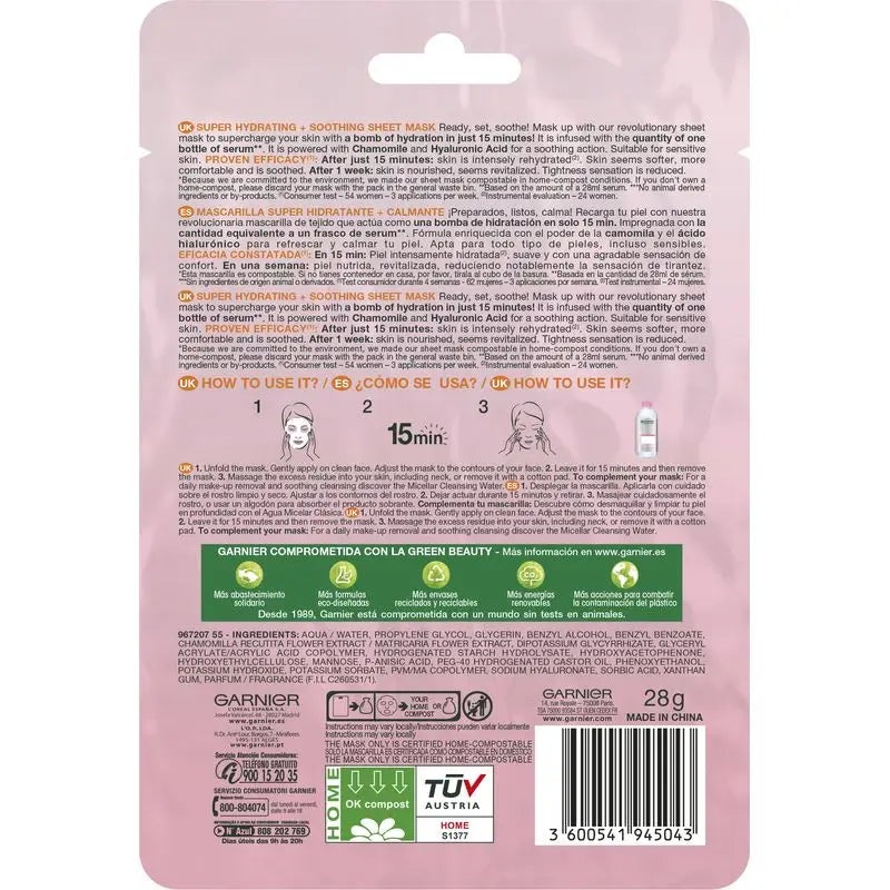 Garnier Skin Active Mask Tissu Hydra Bomb Beruhigende, feuchtigkeitsspendende Stoffmaske mit Hyaluronsäure und Kamille