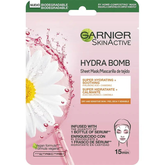 Garnier Skin Active Mask Tissu Hydra Bomb Beruhigende, feuchtigkeitsspendende Stoffmaske mit Hyaluronsäure und Kamille