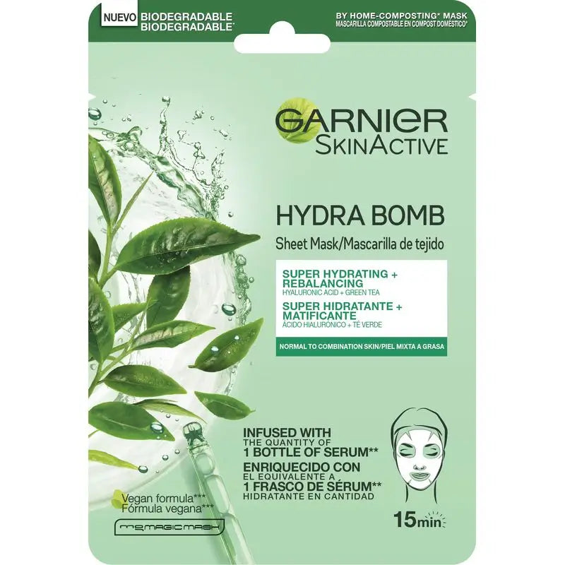 Garnier Skin Active Mask Tissu Hydra Bomb feuchtigkeitsspendende, mattierende Stoffmaske mit Hyaluronsäure und grünem Tee