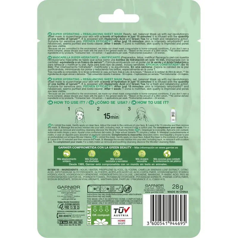 Garnier Skin Active Mask Tissu Hydra Bomb feuchtigkeitsspendende, mattierende Stoffmaske mit Hyaluronsäure und grünem Tee