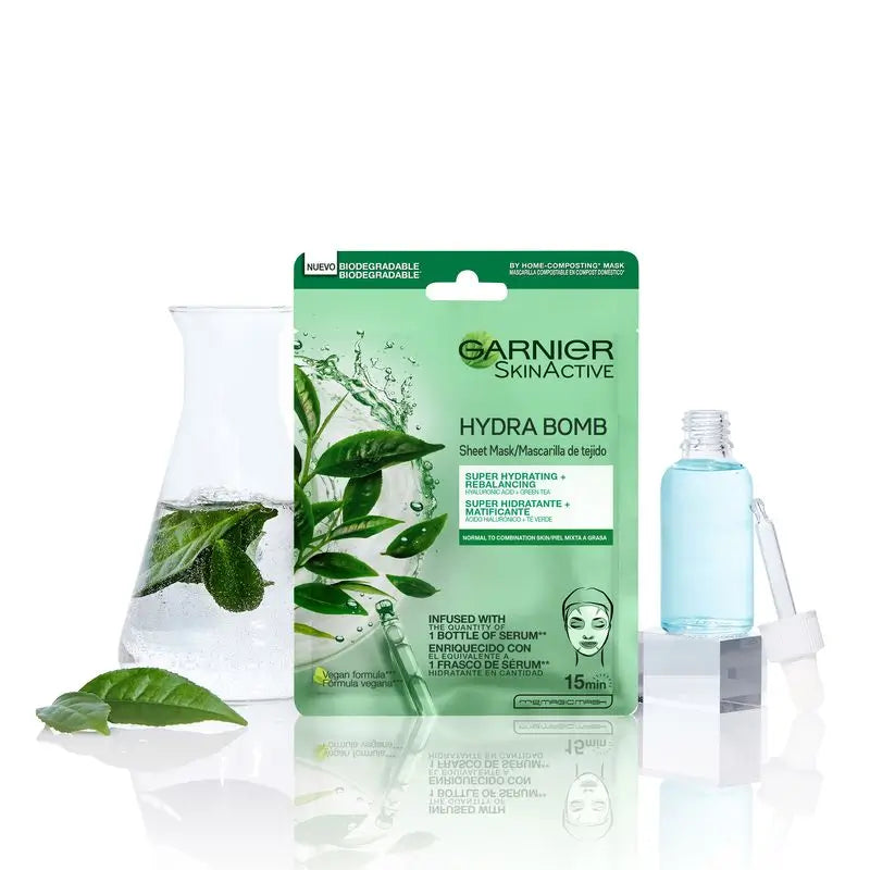 Garnier Skin Active Mask Tissu Hydra Bomb feuchtigkeitsspendende, mattierende Stoffmaske mit Hyaluronsäure und grünem Tee