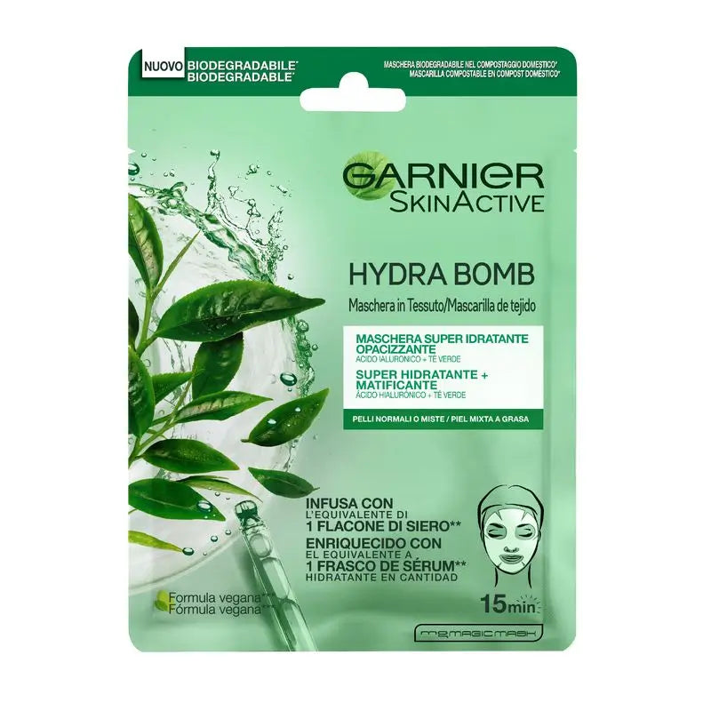 Garnier Skin Active Mask Tissu Hydra Bomb feuchtigkeitsspendende, mattierende Stoffmaske mit Hyaluronsäure und grünem Tee