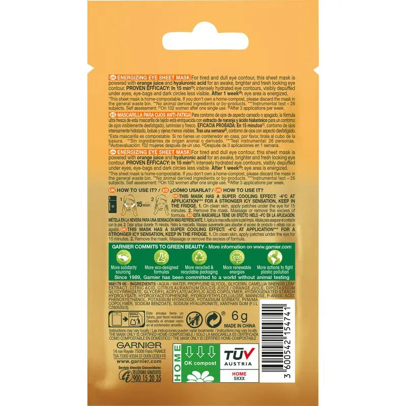 Garnier Skin Active Mask Tissue Eye Contour Anti-Fatigue & Anti-Dark Circles mit Hyaluronsäure & Orangenextrakt