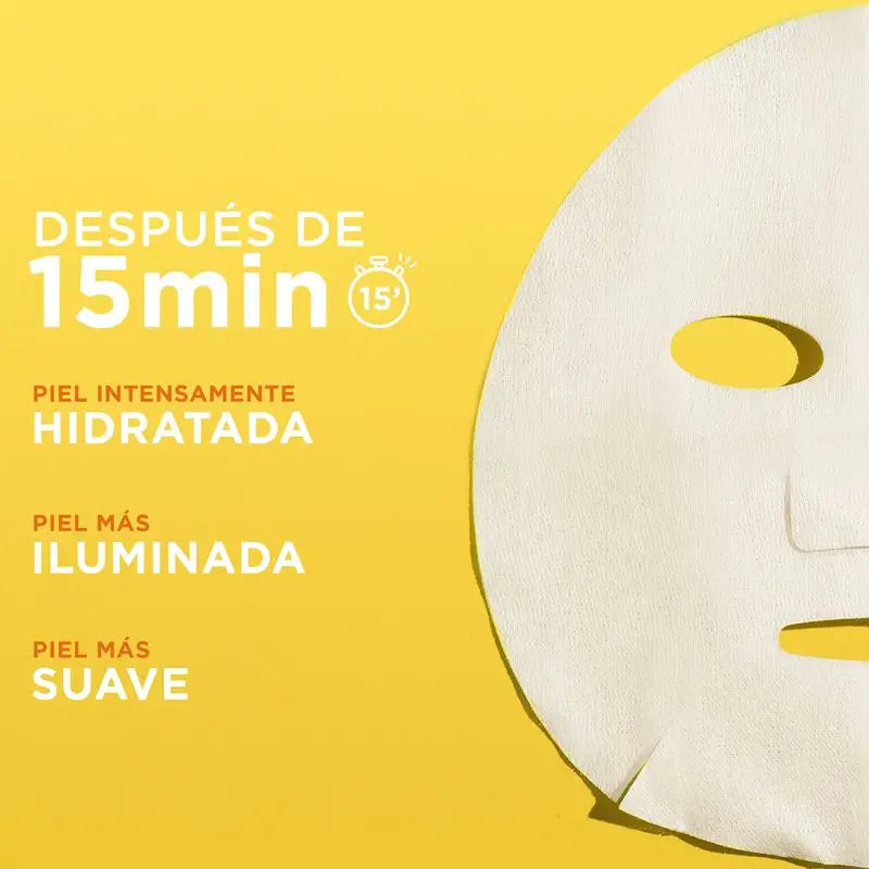 Garnier Tissue Gesichtsmaske mit Vitamin C und Hyaluronsäure. Intensiv mit Feuchtigkeit versorgte Haut und sichtbar mehr beleuchtet und glatter.