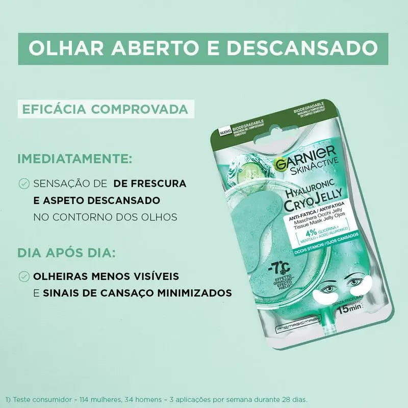 Garnier Tissue Mask Hyaluronic Cryo Jelly Anti-Müdigkeit Augenkontur Maske. 4% Glycerin + Menthol + Hyaluronsäure.