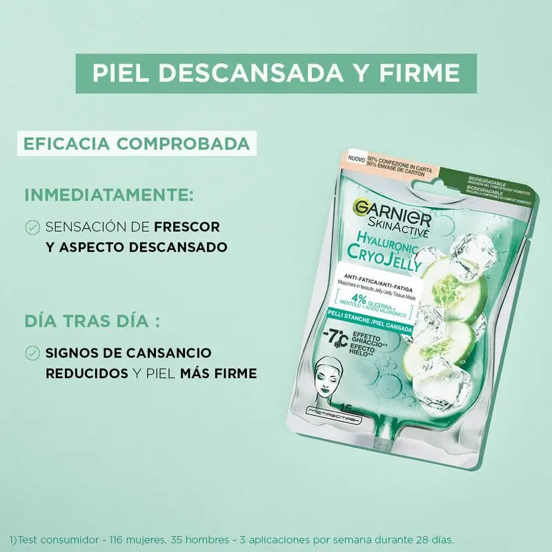 Garnier Tissue Mask Hyaluronic Cryo Jelly Anti-Fatigue für müde Haut. 4% Glycerin + Menthol + Hyaluronsäure.