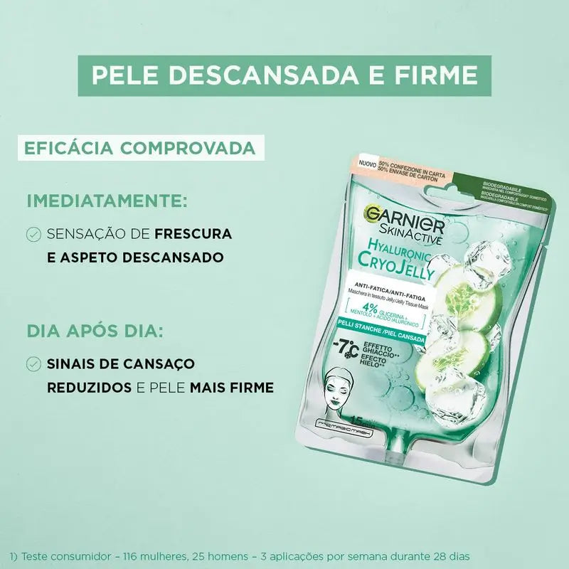 Garnier Tissue Mask Hyaluronic Cryo Jelly Anti-Fatigue für müde Haut. 4% Glycerin + Menthol + Hyaluronsäure.