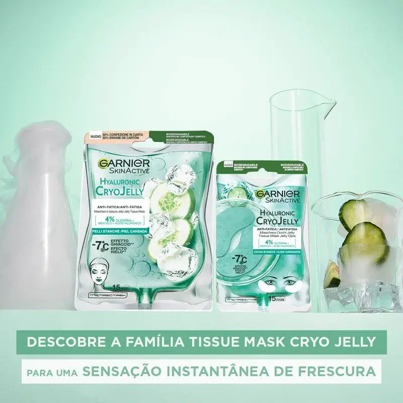 Garnier Tissue Mask Hyaluronic Cryo Jelly Anti-Fatigue für müde Haut. 4% Glycerin + Menthol + Hyaluronsäure.