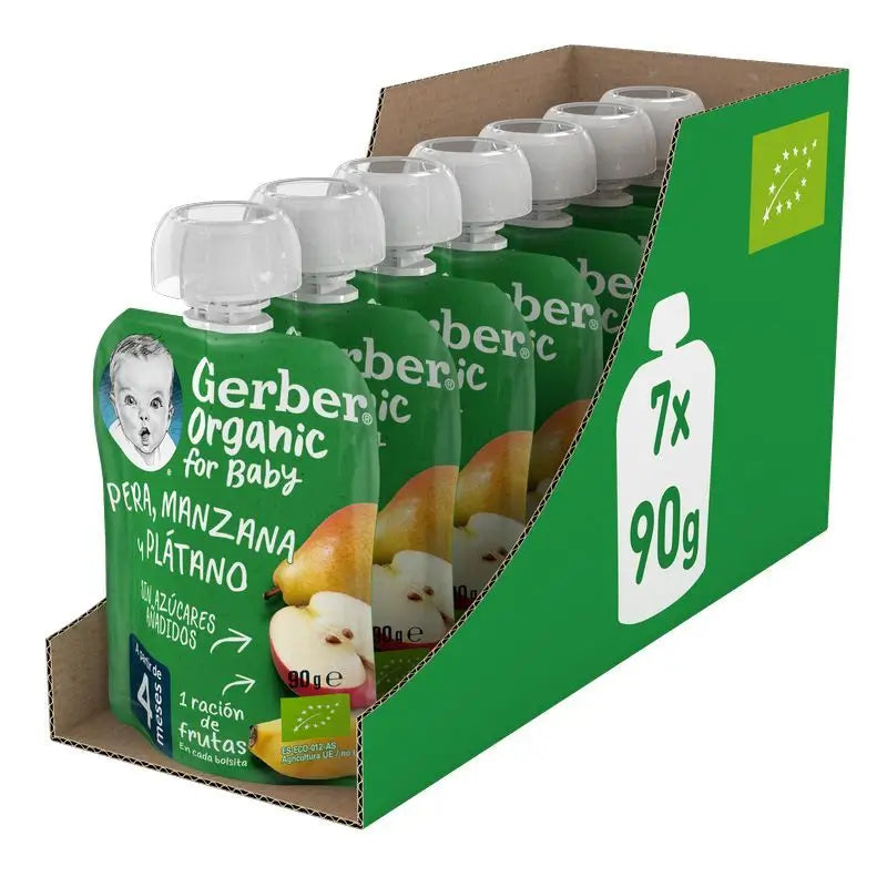 GERBER Packungsbeutel Bio-Birne, Apfel, Banane, 90g x 7 Stück