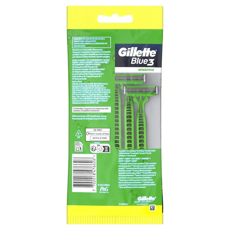 Gillette Blue3 Sensitive Einwegrasierer für Männer, 5 Stück.