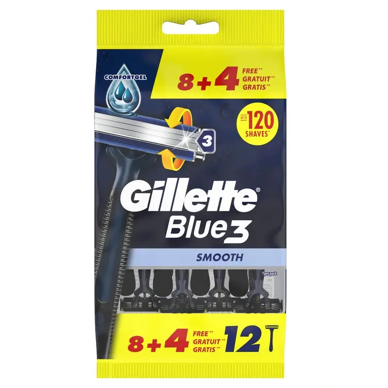 Gillette Blue3 Smooth 8+4 Einwegrasierer für Männer 40° schwenkbarer Kopf & Gleitstreifen , 12 Stück.