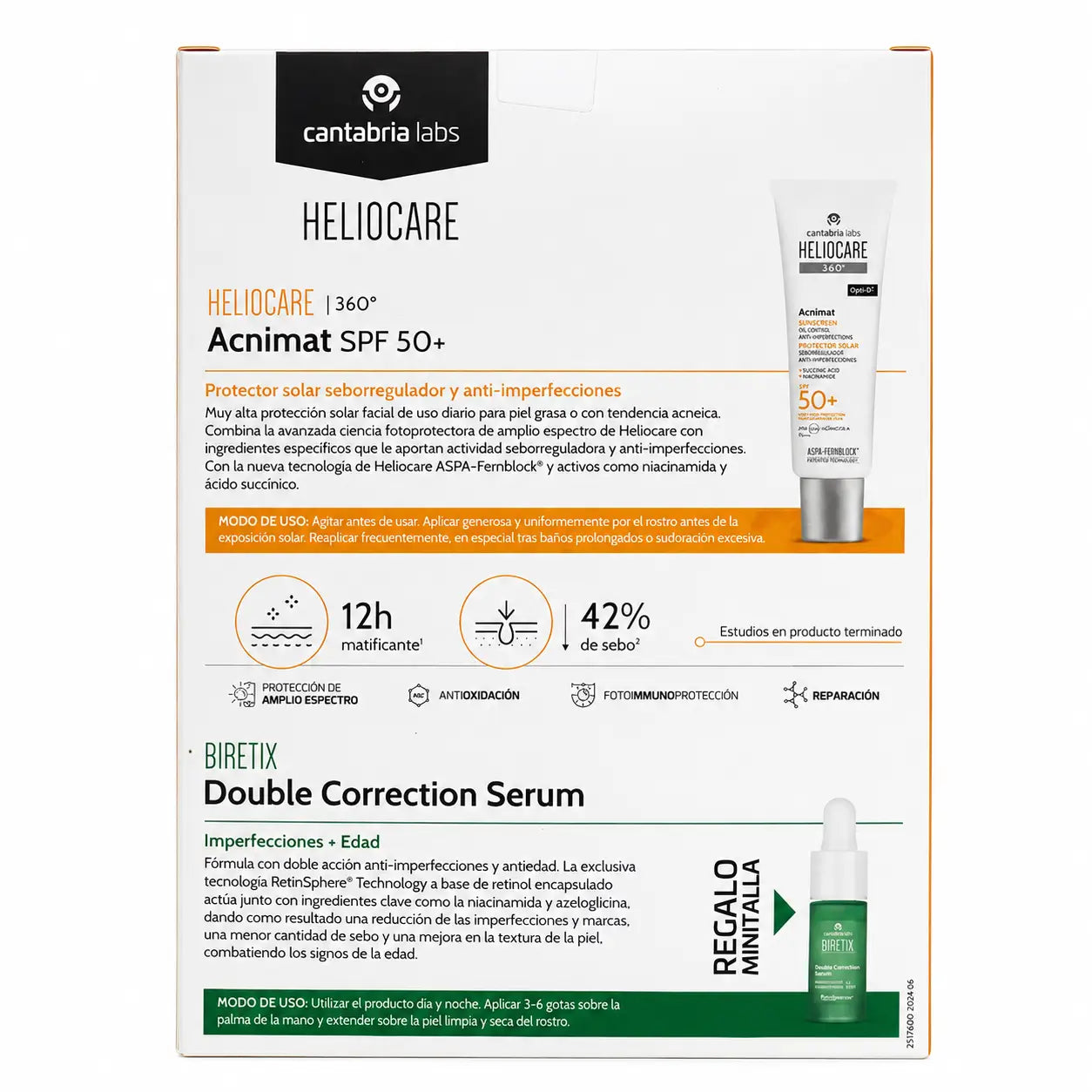 Heliocare Pack 360 Acnimat 50Ml+ Minitalla Biretix Doppelkorrektur Serum 10 Ml