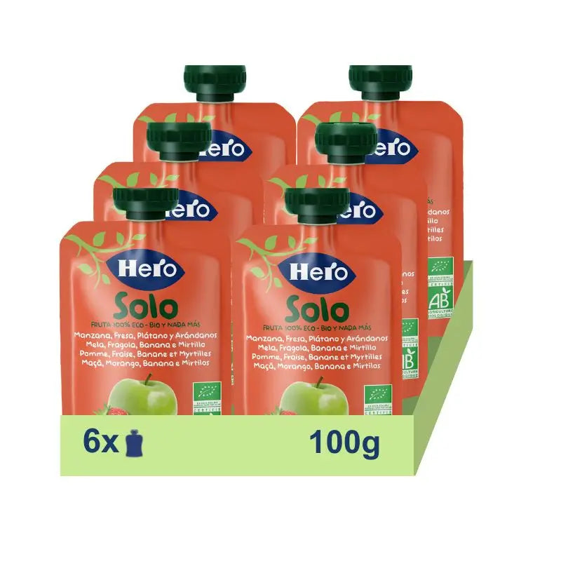 Hero Baby Pack Eco Sachet Nur Apfel, Erdbeere, Banane & Blaubeere, 6 X 100 Gramm