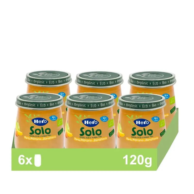 Hero Baby Pack Öko-Birne, Banane & Karotte Solo-Glas, 6 x 120 Gramm