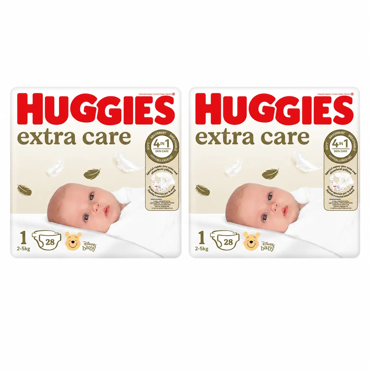 Huggies Extra Care Größe 1 (2-5 kg) Disney Baby Windel, 28 Stück, Packung 2
